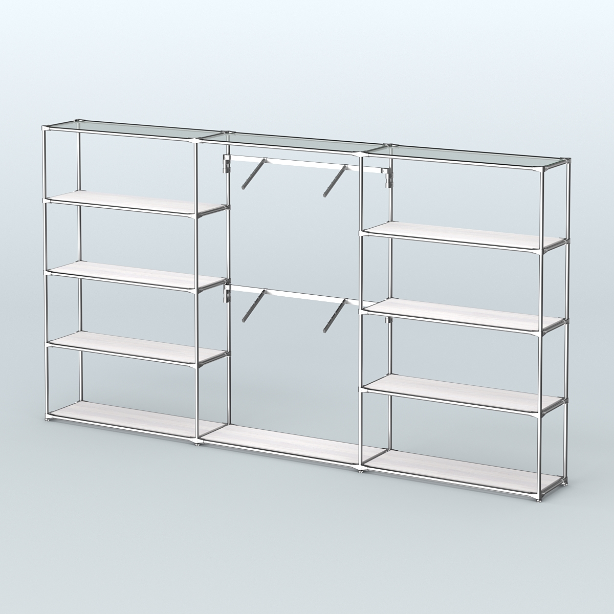 Торговая система ХРОМ без ДСП 3600 мм с полками ДСП и поручнями №6 Ясень Анкор светлый