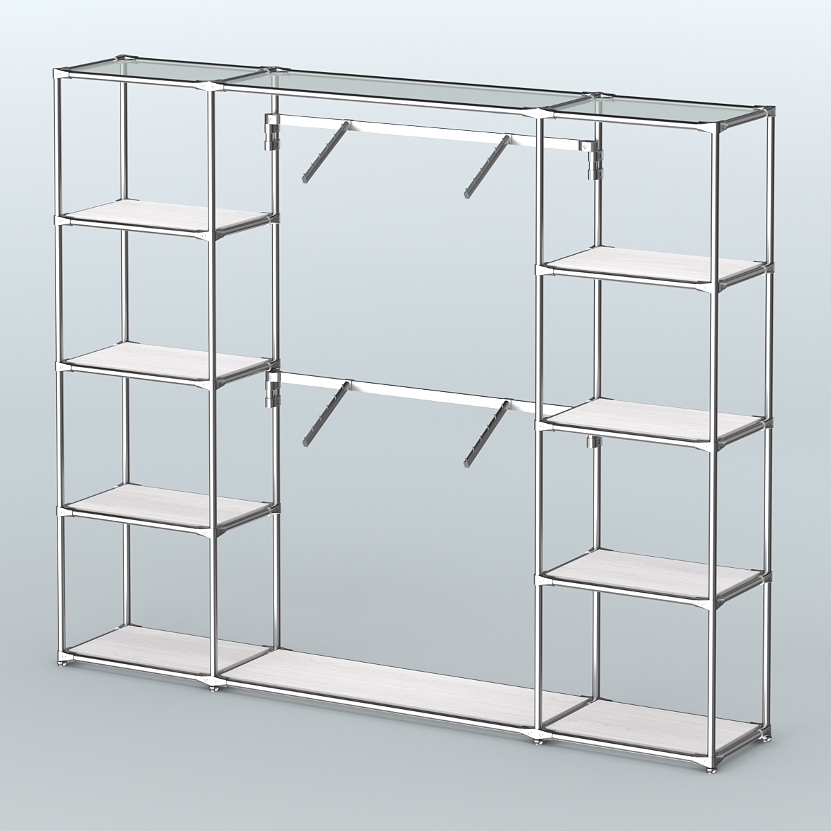 Торговая система ХРОМ без ДСП 2430 мм с полками ДСП и поручнями №7 Ясень Анкор светлый