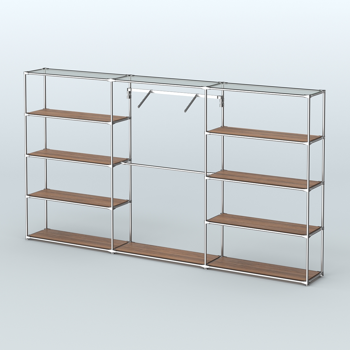 Торговая система ХРОМ без ДСП 3600 мм с полками ДСП и поручнями №9 Орех