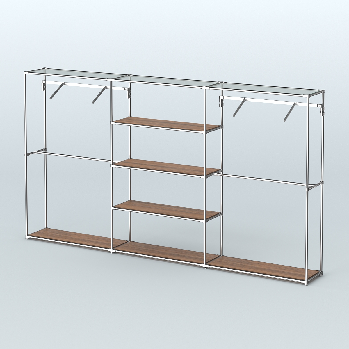 Торговая система ХРОМ без ДСП 3600 мм с полками ДСП и поручнями №10 Орех