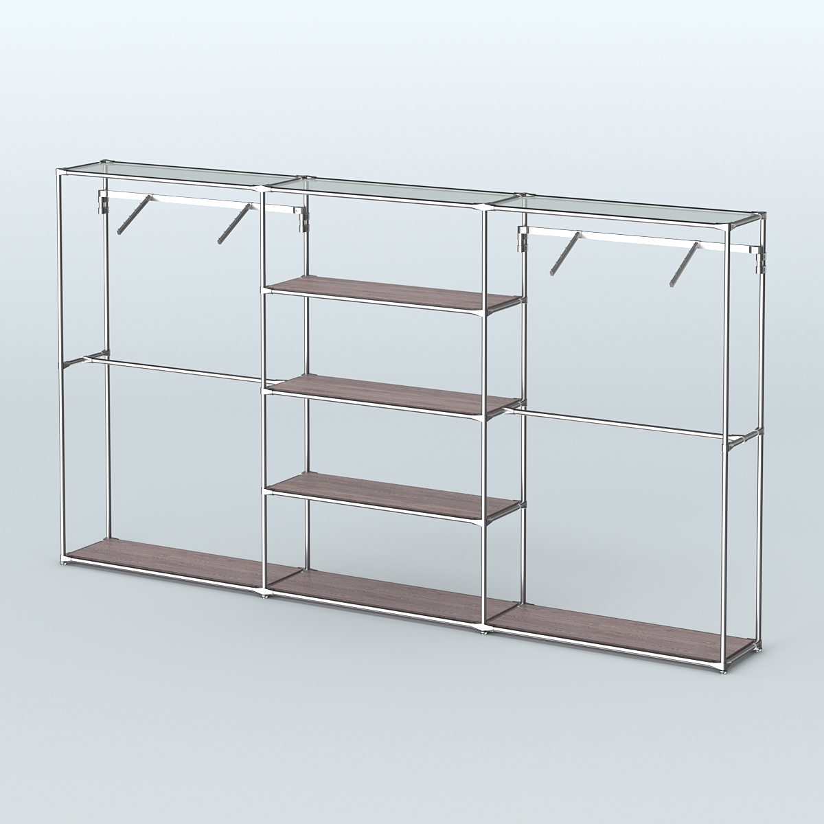 Торговая система ХРОМ без ДСП 3600 мм с полками ДСП и поручнями №10 Ясень Анкор темный