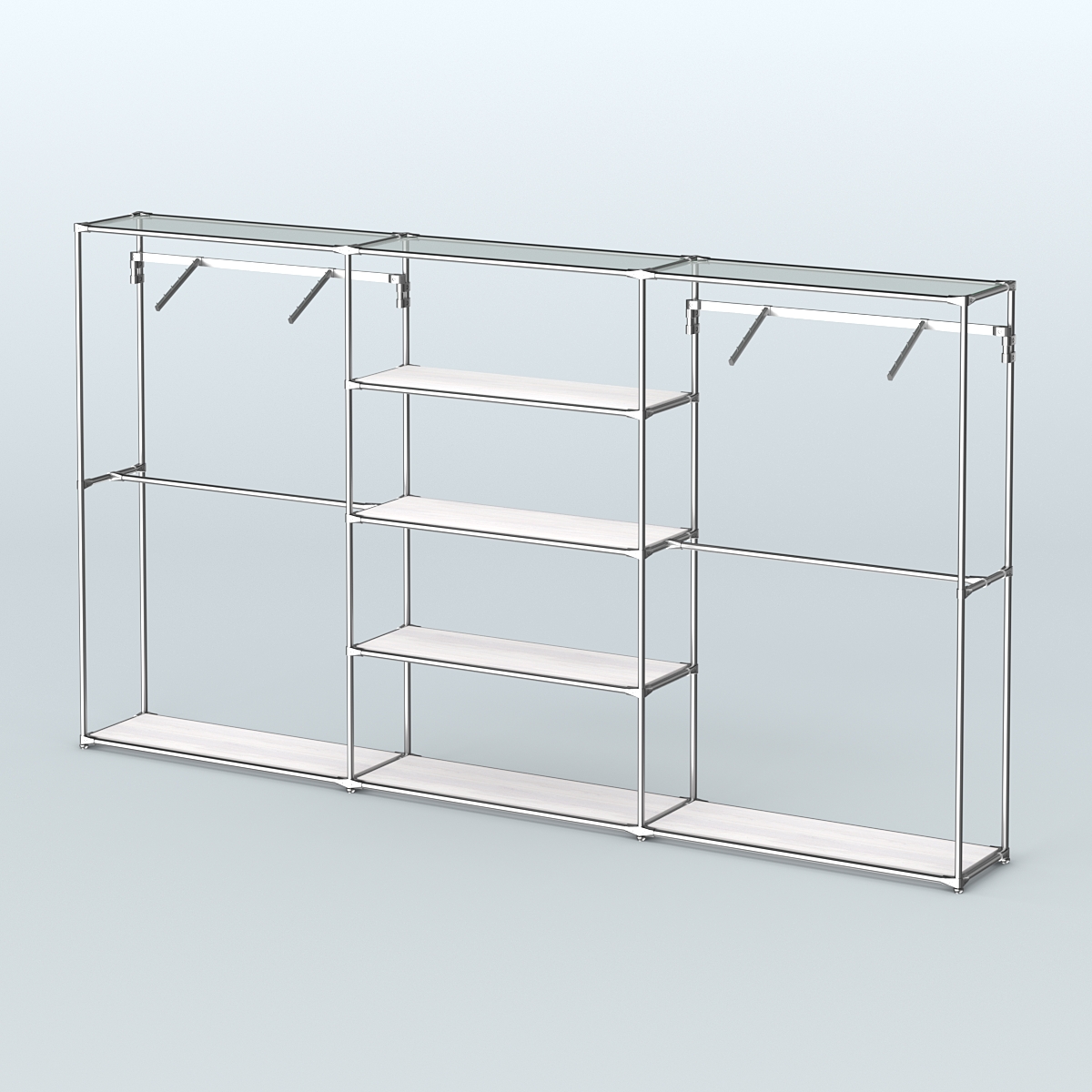 Торговая система ХРОМ без ДСП 3600 мм с полками ДСП и поручнями №10 Ясень Анкор светлый