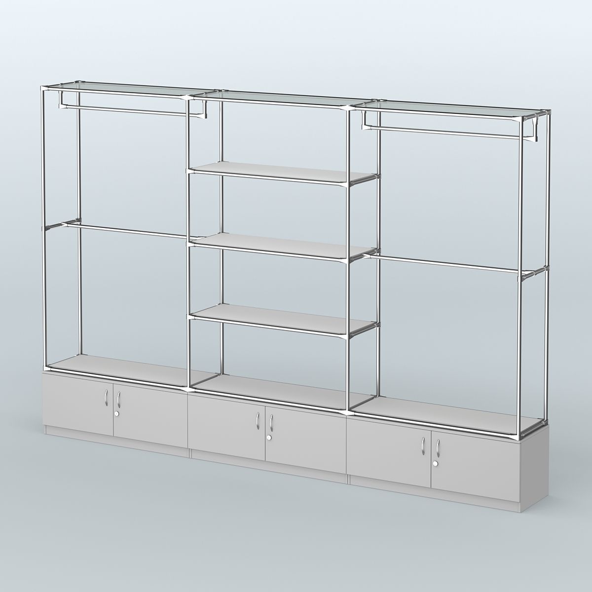 Торговая система ХРОМ без ДСП 3600 мм с тумбами Т21, полками ДСП и поручнями №2 Серый