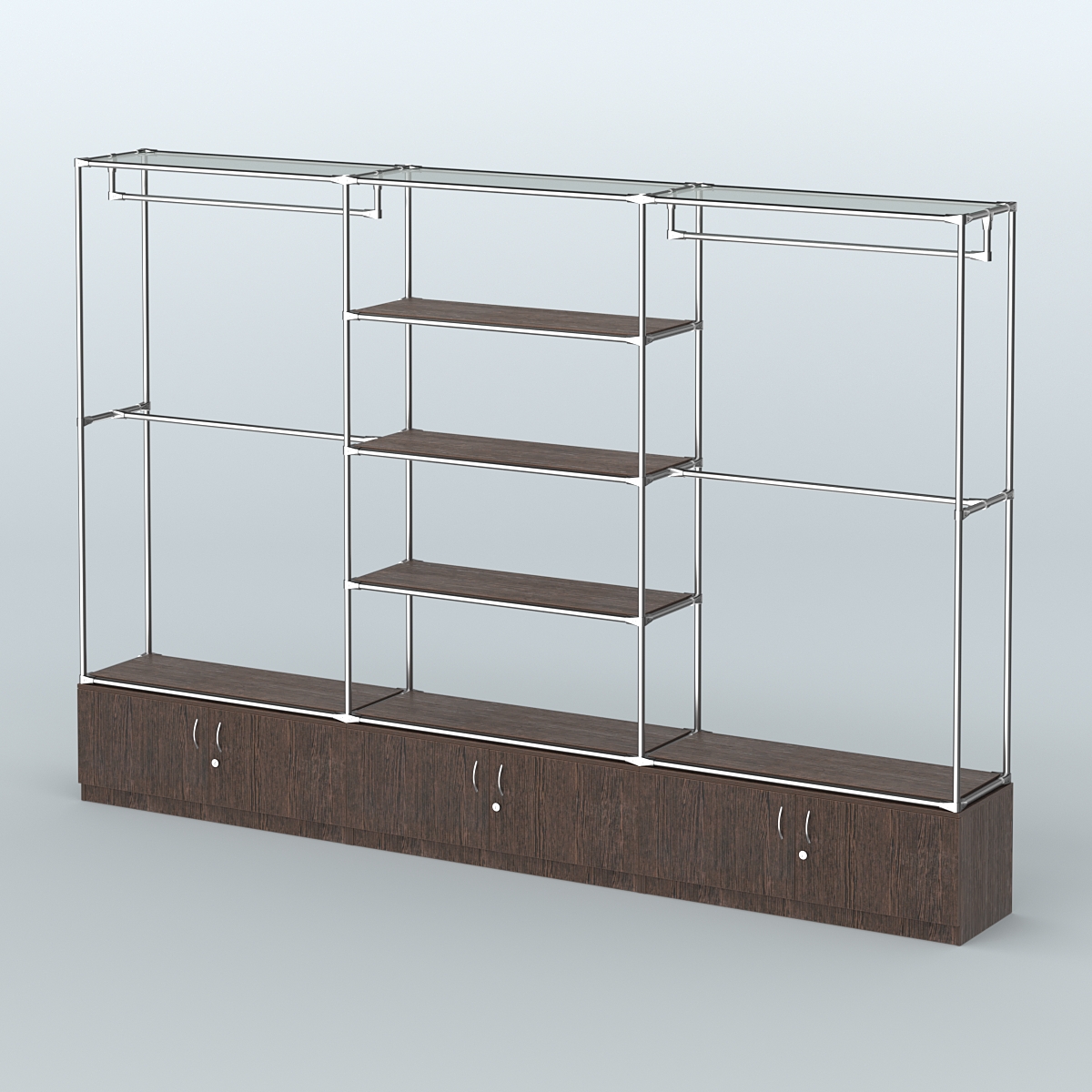 Торговая система ХРОМ без ДСП 3600 мм с тумбами Т21, полками ДСП и поручнями №2 Дуб Венге