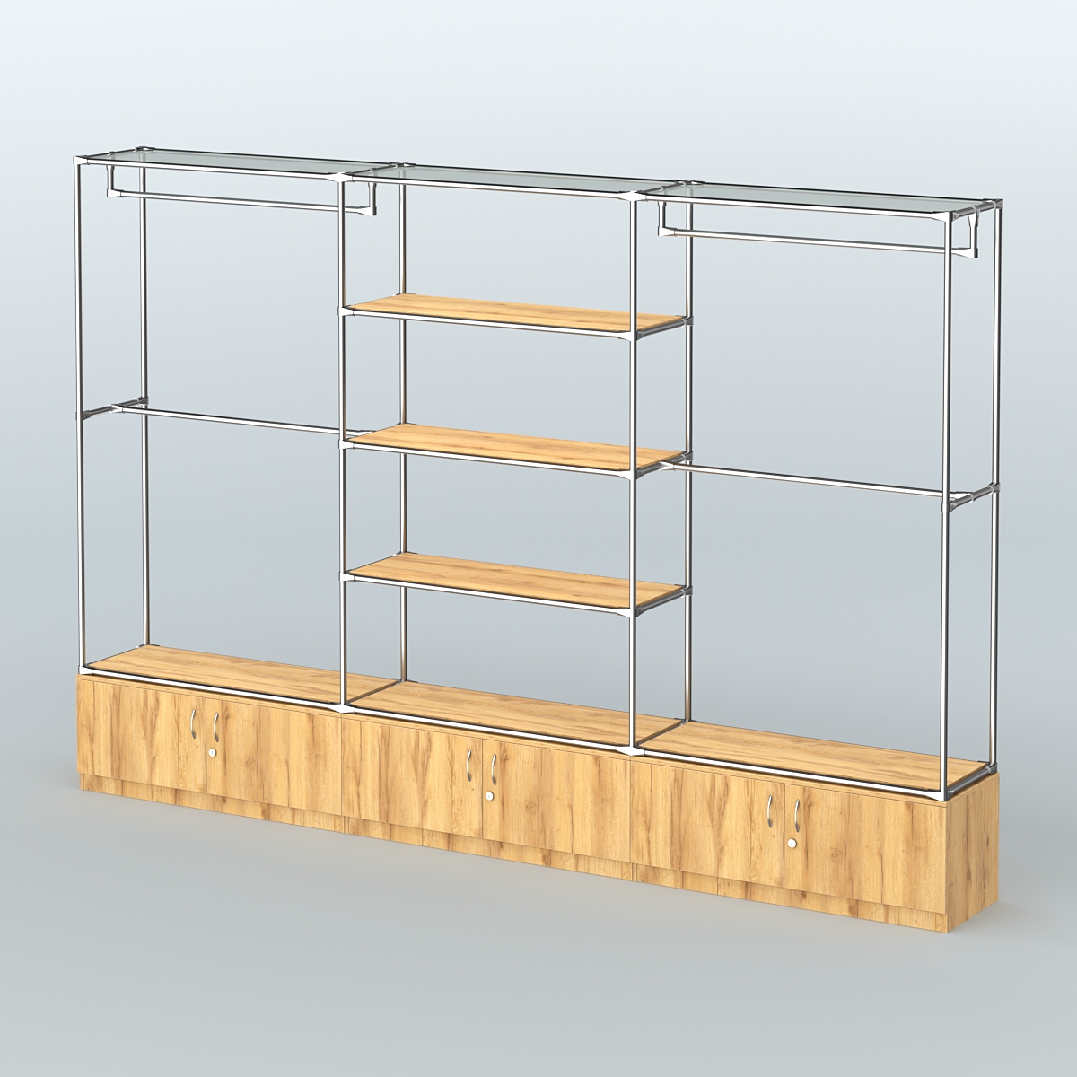 Торговая система ХРОМ без ДСП 3600 мм с тумбами Т21, полками ДСП и поручнями №2 Дуб Золотистый