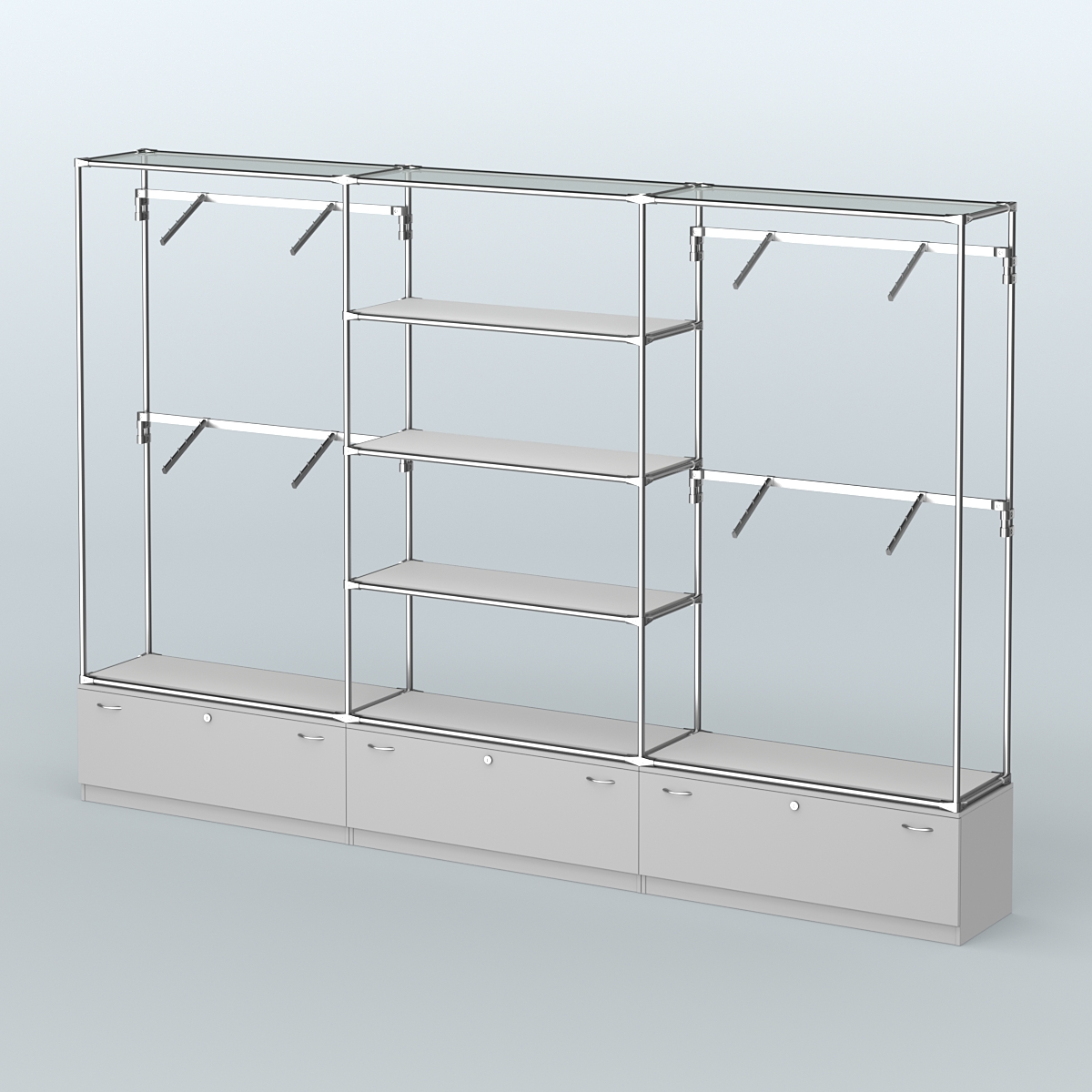 Торговая система ХРОМ без ДСП 3600 мм с тумбами Т11, полками ДСП и поручнями №3 Серый