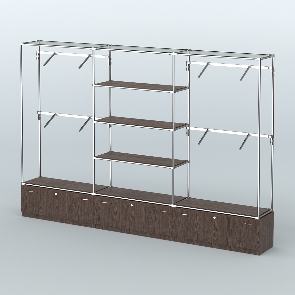 Торговая система ХРОМ без ДСП 3600 мм с тумбами Т11, полками ДСП и поручнями №3 Дуб Венге