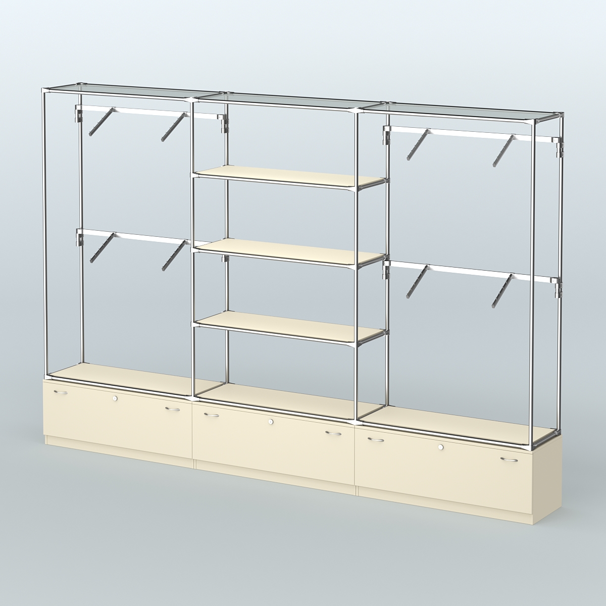 Торговая система ХРОМ без ДСП 3600 мм с тумбами Т11, полками ДСП и поручнями №3 Крем Вайс