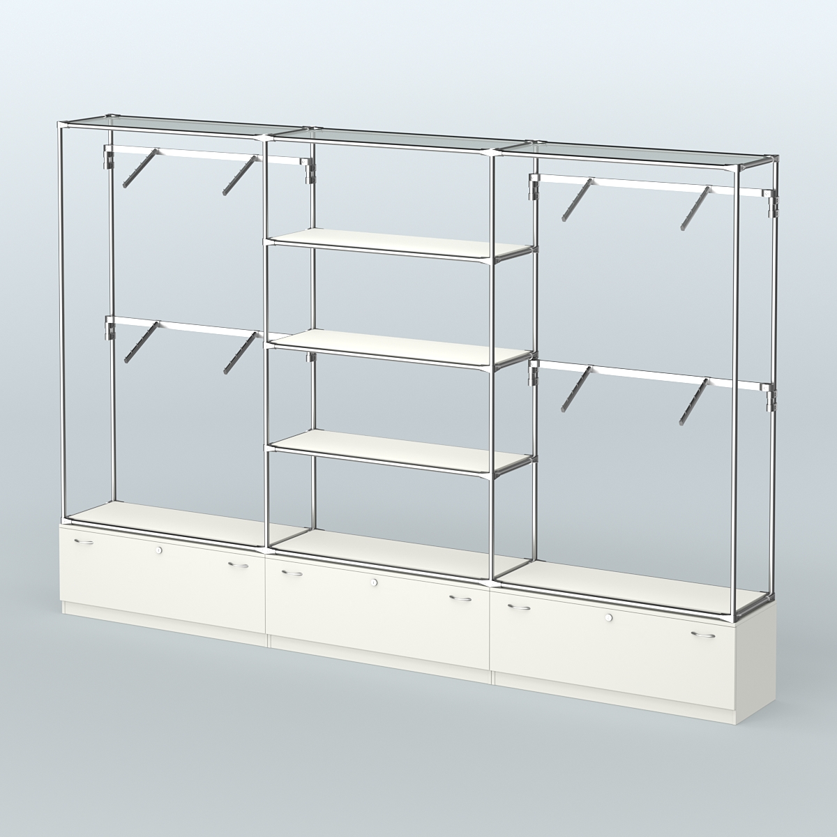 Торговая система ХРОМ без ДСП 3600 мм с тумбами Т11, полками ДСП и поручнями №3 Белый