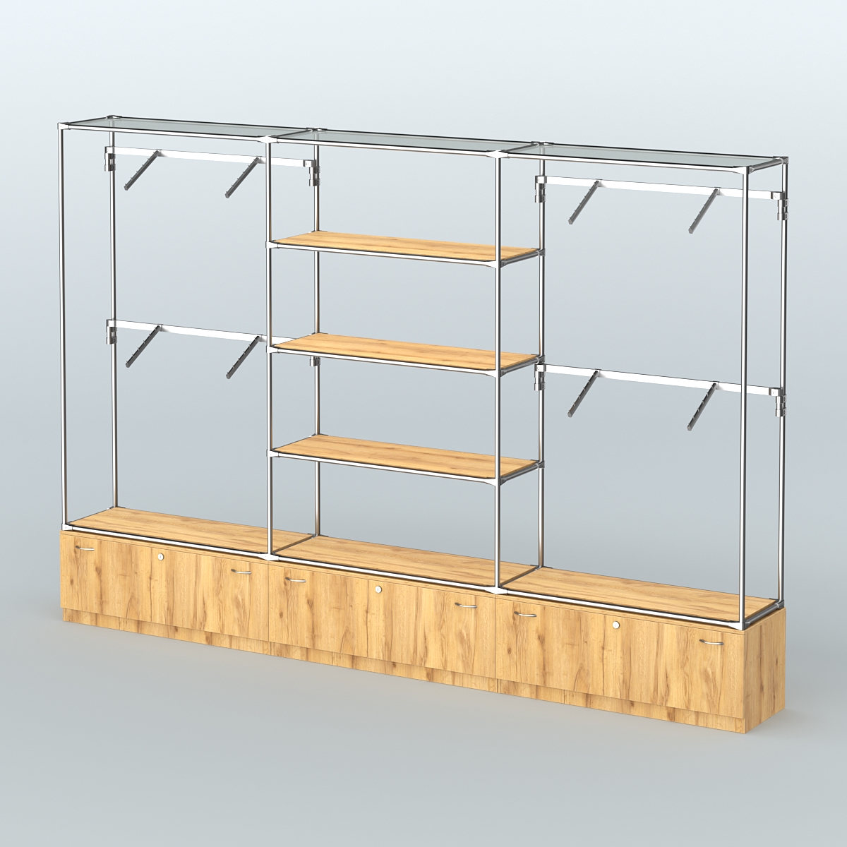 Торговая система ХРОМ без ДСП 3600 мм с тумбами Т11, полками ДСП и поручнями №3 Дуб Золотистый