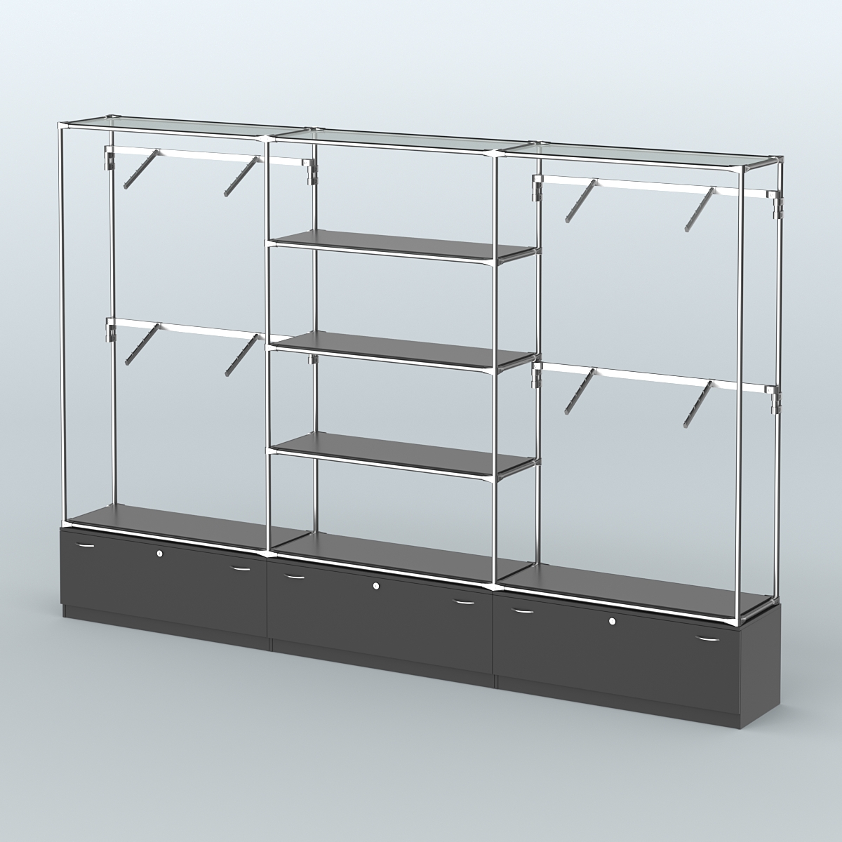 Торговая система ХРОМ без ДСП 3600 мм с тумбами Т11, полками ДСП и поручнями №3 Черный