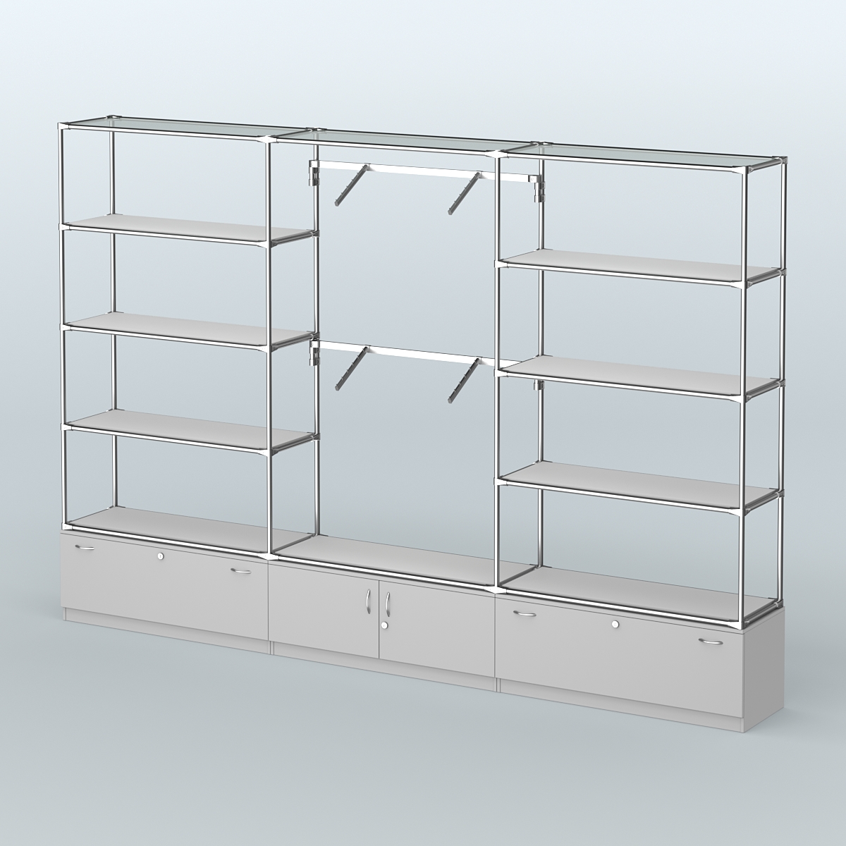 Торговая система ХРОМ без ДСП 3600 мм с тумбами Т11, Т21, полками ДСП и поручнями №4 Серый