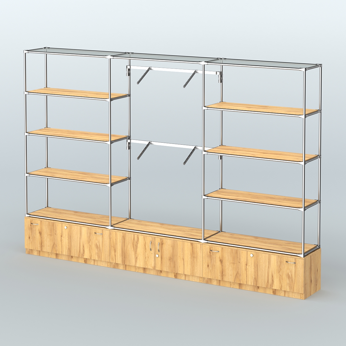 Торговая система ХРОМ без ДСП 3600 мм с тумбами Т11, Т21, полками ДСП и поручнями №4 Дуб Золотистый