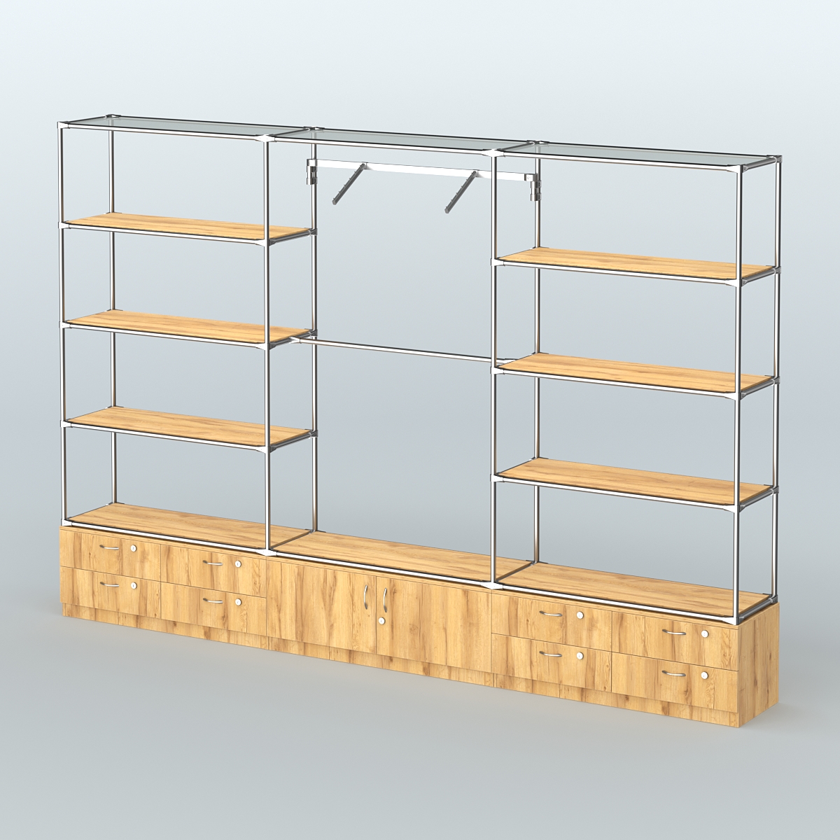 Торговая система ХРОМ без ДСП 3600 мм с тумбами Т14, Т21, полками ДСП и поручнями №5 Дуб Золотистый