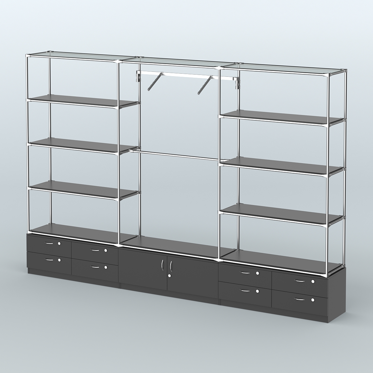 Торговая система ХРОМ без ДСП 3600 мм с тумбами Т14, Т21, полками ДСП и поручнями №5 Черный