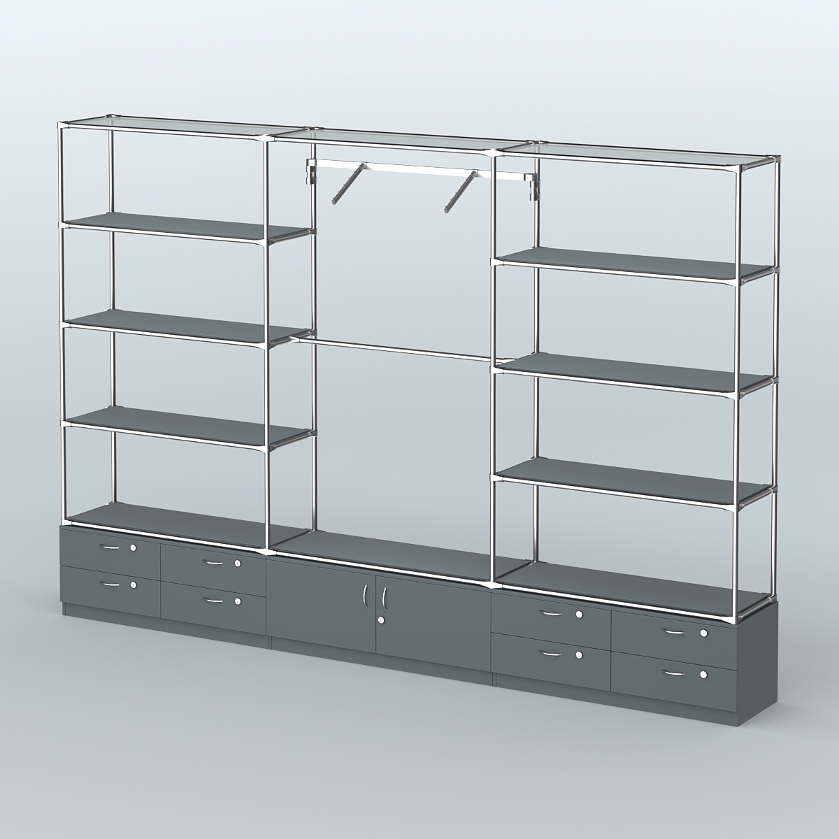 Торговая система ХРОМ без ДСП 3600 мм с тумбами Т14, Т21, полками ДСП и поручнями №5 Темно-Серый