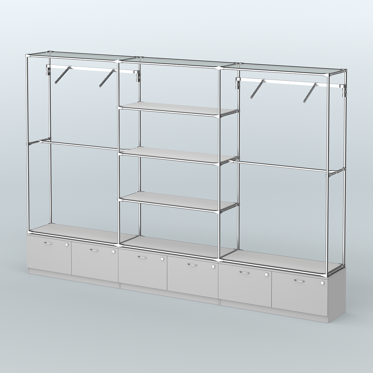 Торговая система ХРОМ без ДСП 3600 мм с тумбами Т15, полками ДСП и поручнями №6 Серый