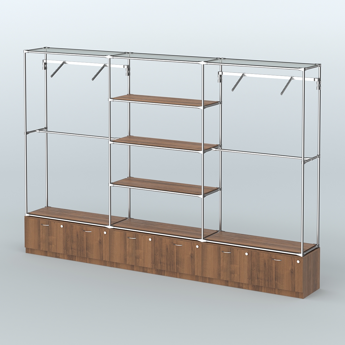 Торговая система ХРОМ без ДСП 3600 мм с тумбами Т15, полками ДСП и поручнями №6 Орех