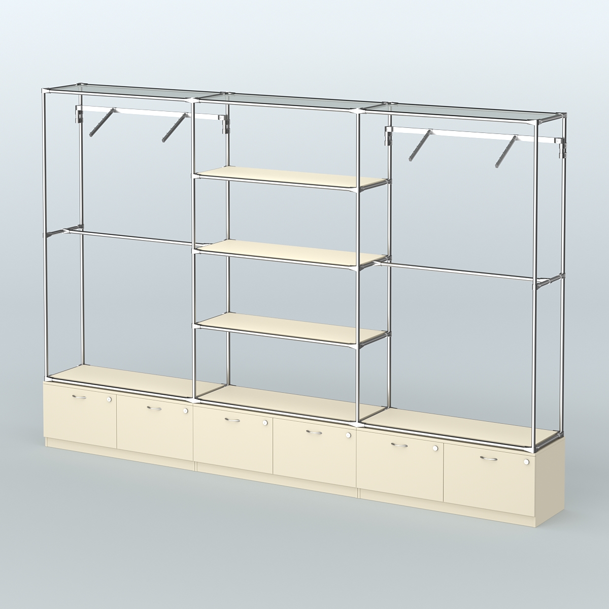Торговая система ХРОМ без ДСП 3600 мм с тумбами Т15, полками ДСП и поручнями №6 Крем Вайс