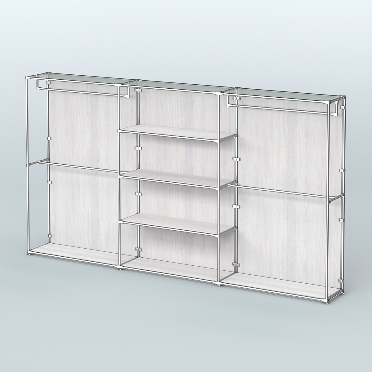 Торговая система ХРОМ (задняя стенка - ДСП) 3600 мм с полками ДСП и поручнями №2 Ясень Анкор светлый