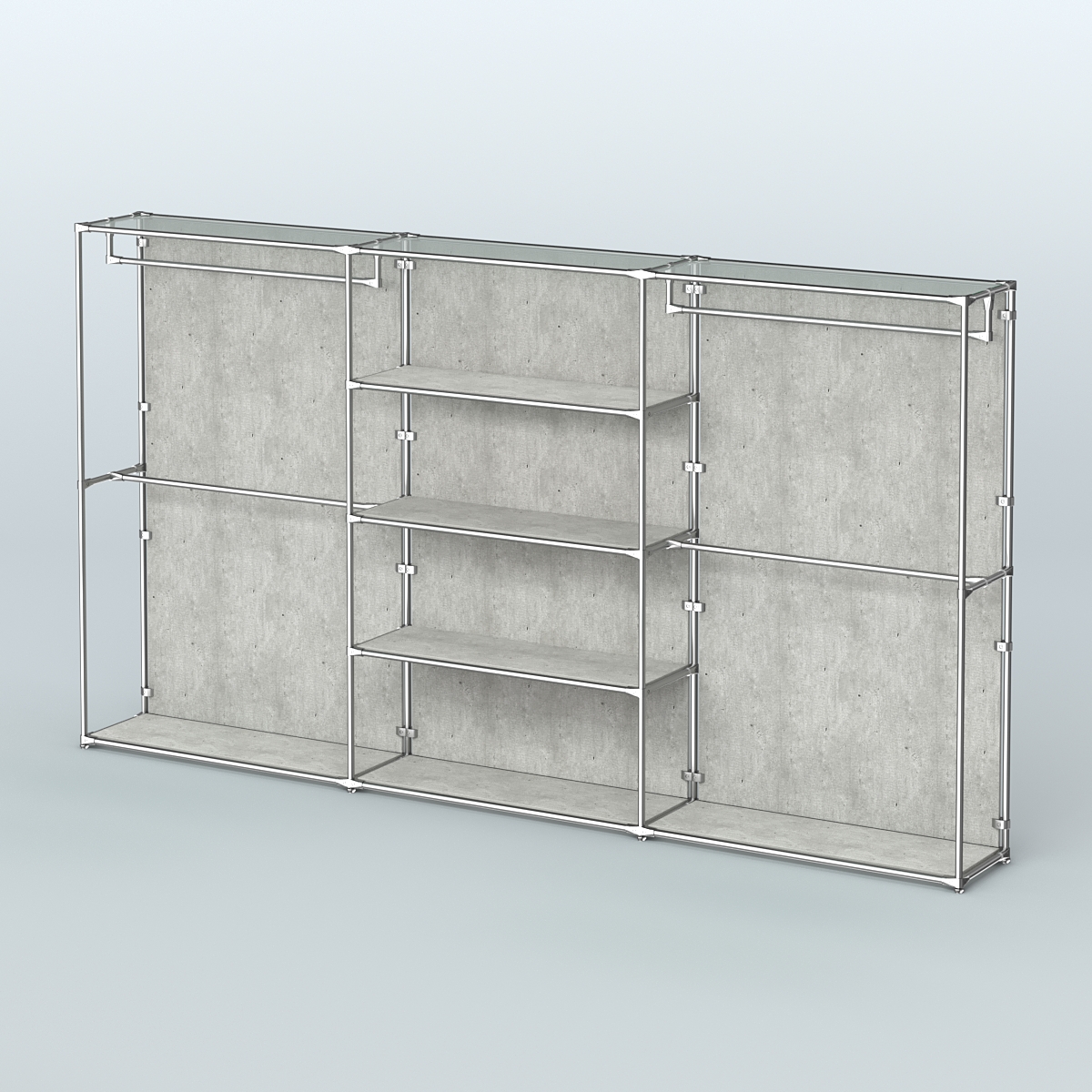 Торговая система ХРОМ (задняя стенка - ДСП) 3600 мм с полками ДСП и поручнями №2 Метрополитан Грей