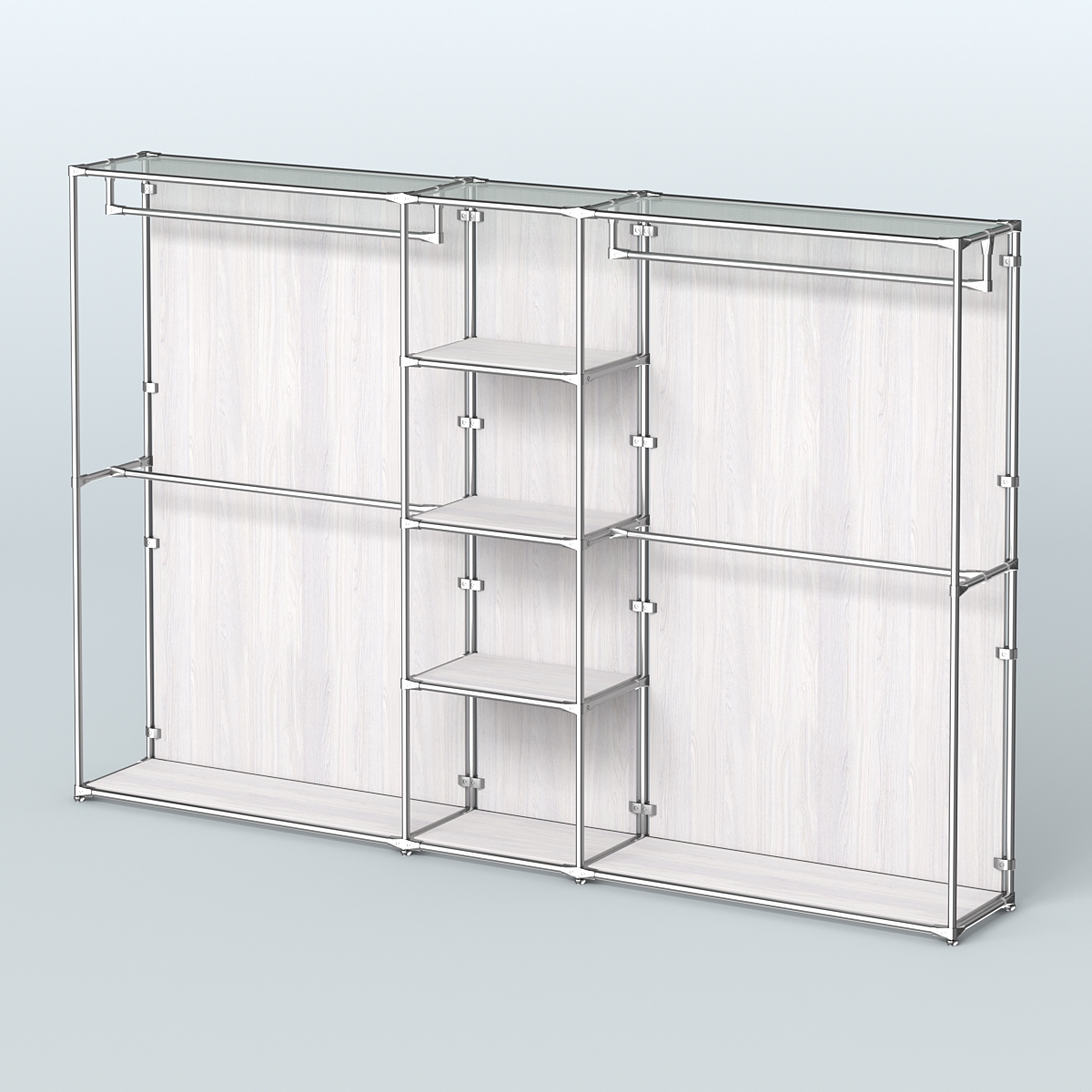 Торговая система ХРОМ (задняя стенка - ДСП) 3030 мм с полками ДСП и поручнями №4 Ясень Анкор светлый