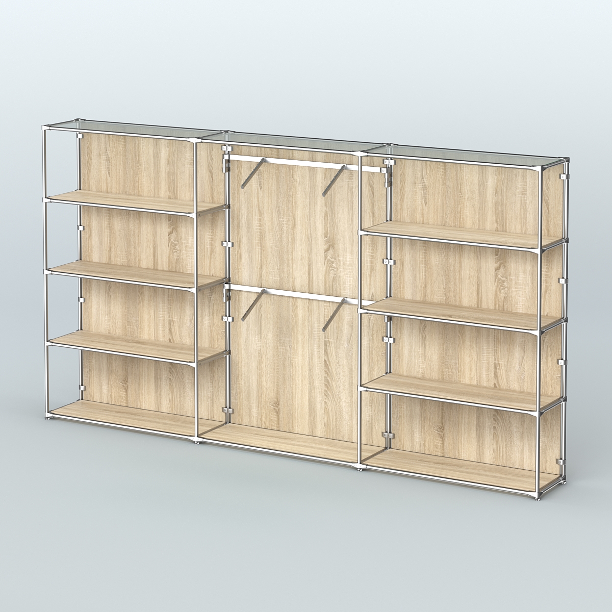 Торговая система ХРОМ (задняя стенка - ДСП) 3600 мм с полками ДСП и поручнями №6 Дуб Сонома