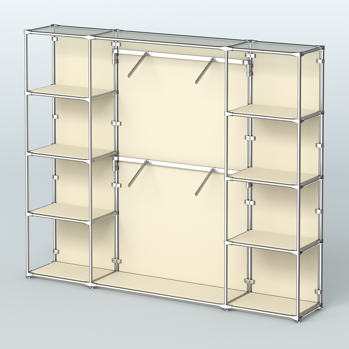 Торговая система ХРОМ (задняя стенка - ДСП) 2430 мм с полками ДСП и поручнями №7 Крем Вайс
