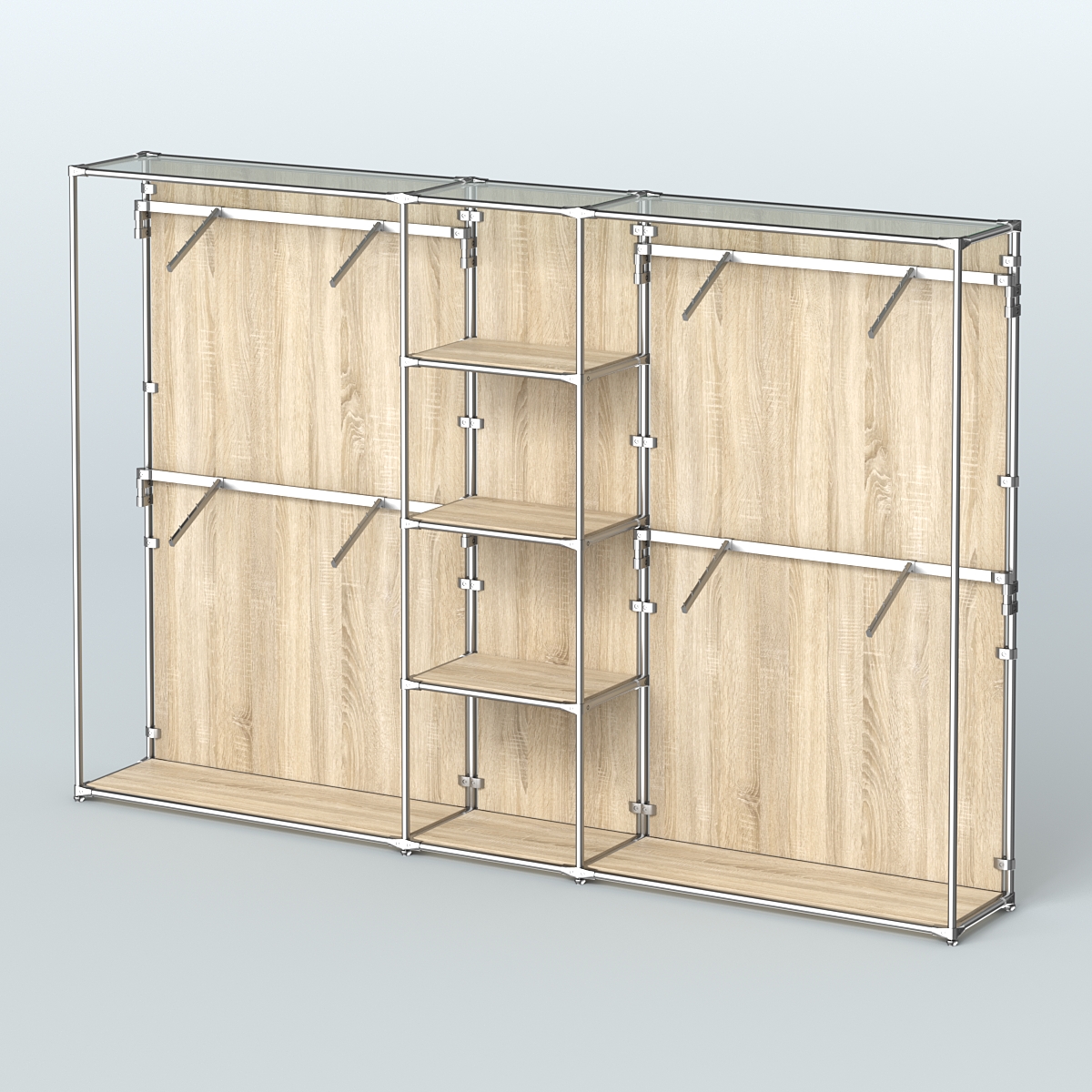 Торговая система ХРОМ (задняя стенка - ДСП) 3030 мм с полками ДСП и поручнями №8 Дуб Сонома