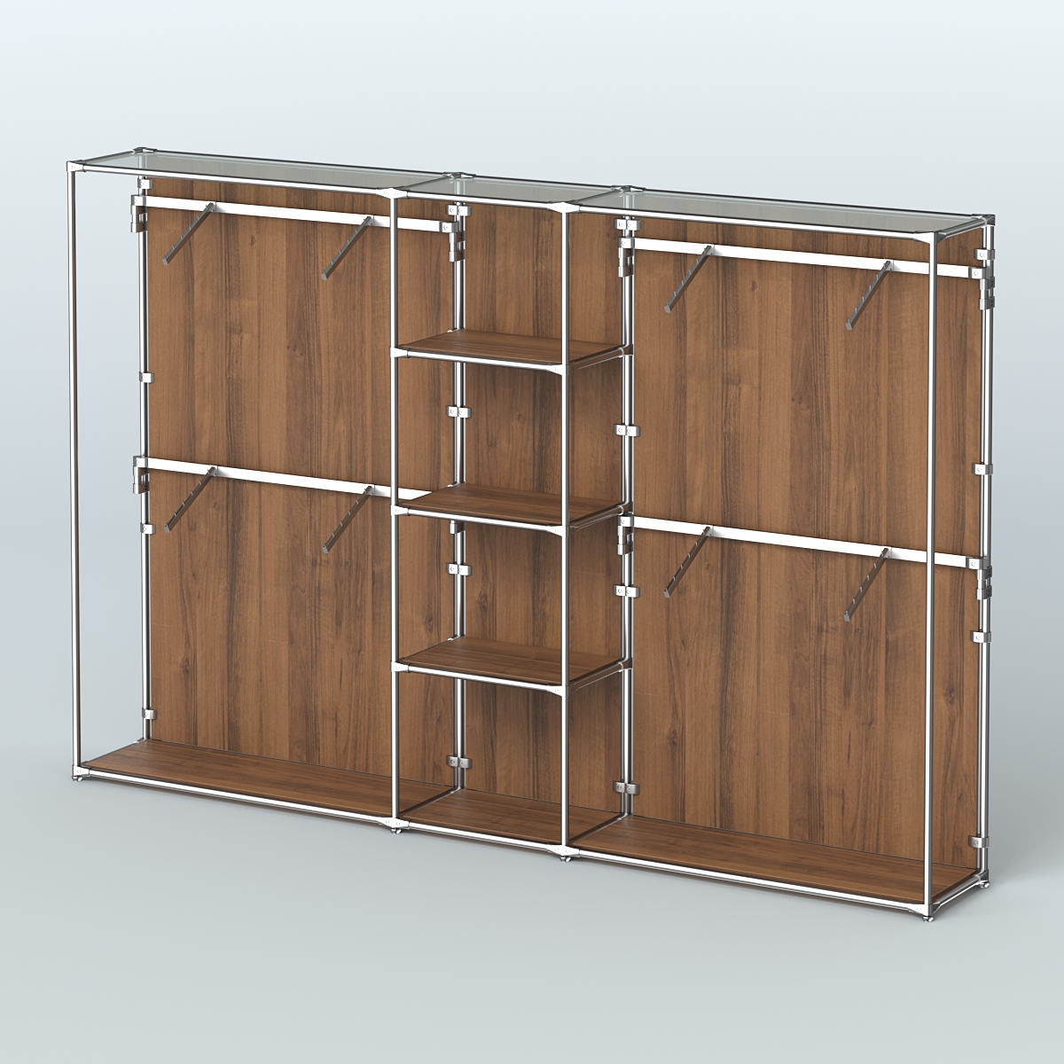 Торговая система ХРОМ (задняя стенка - ДСП) 3030 мм с полками ДСП и поручнями №8 Орех