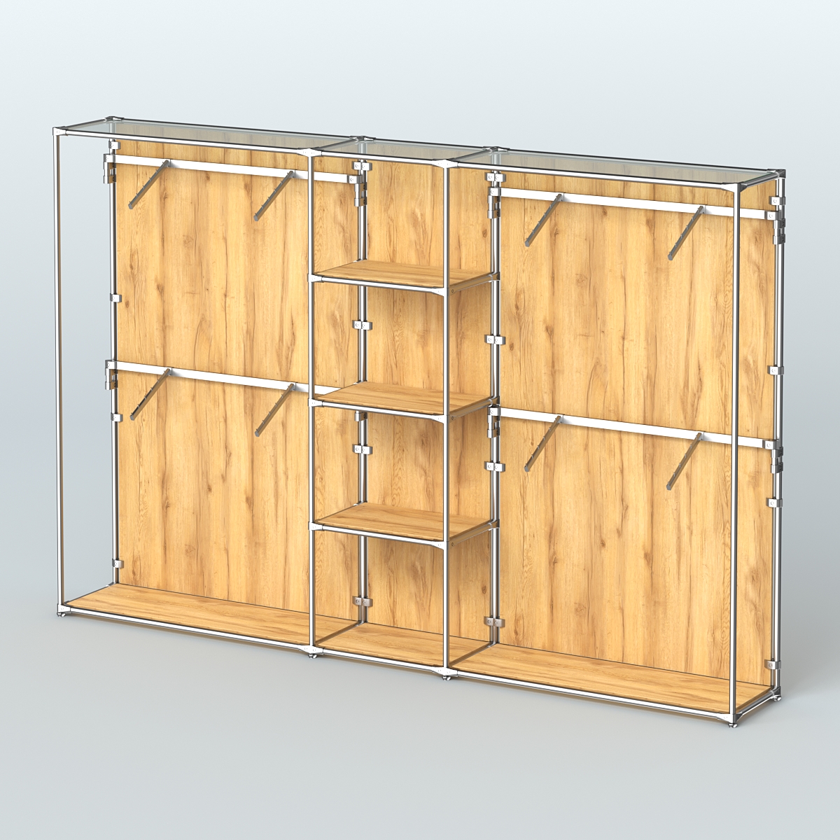 Торговая система ХРОМ (задняя стенка - ДСП) 3030 мм с полками ДСП и поручнями №8 Дуб Золотистый