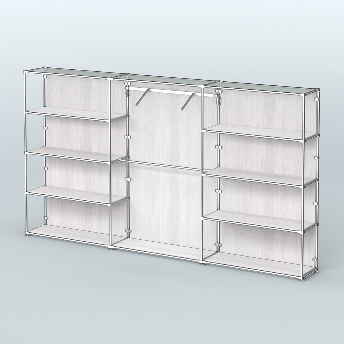 Торговая система ХРОМ (задняя стенка - ДСП) 3600 мм с полками ДСП и поручнями №9 Ясень Анкор светлый