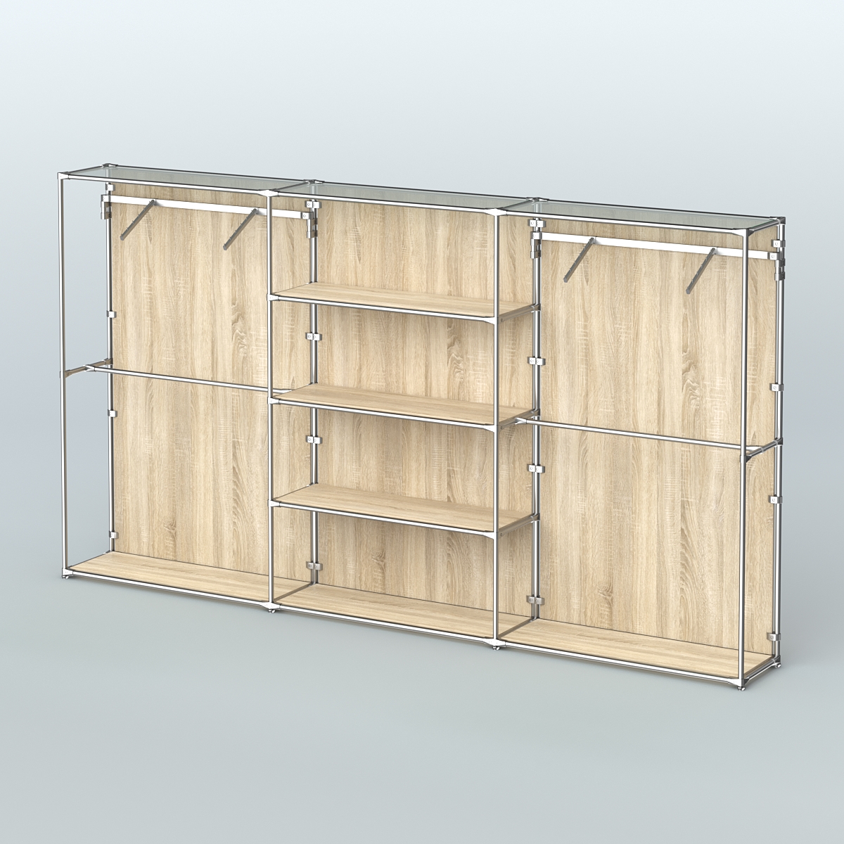 Торговая система ХРОМ (задняя стенка - ДСП) 3600 мм с полками ДСП и поручнями №10 Дуб Сонома