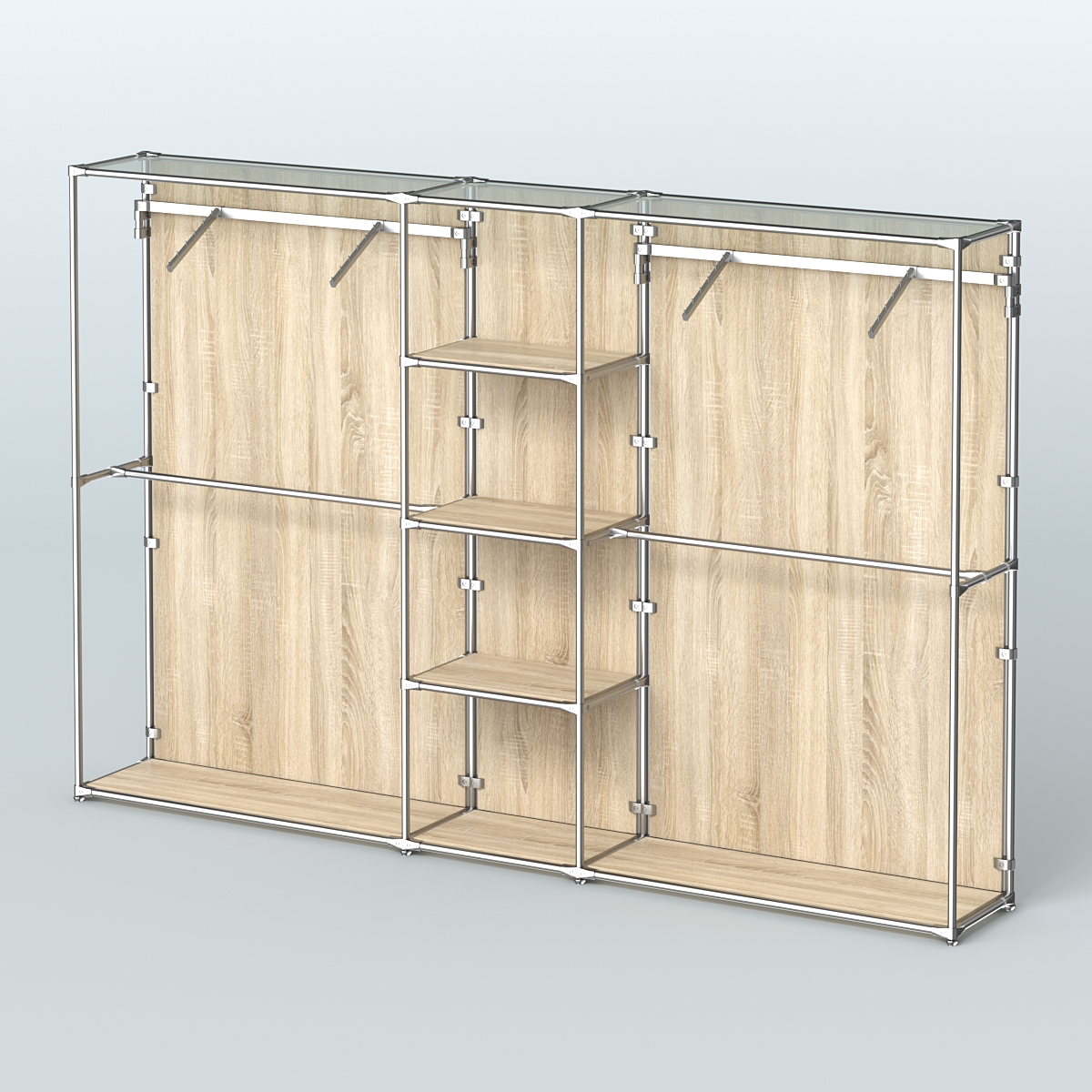 Торговая система ХРОМ (задняя стенка - ДСП) 3030 мм с полками ДСП и поручнями №12 Дуб Сонома