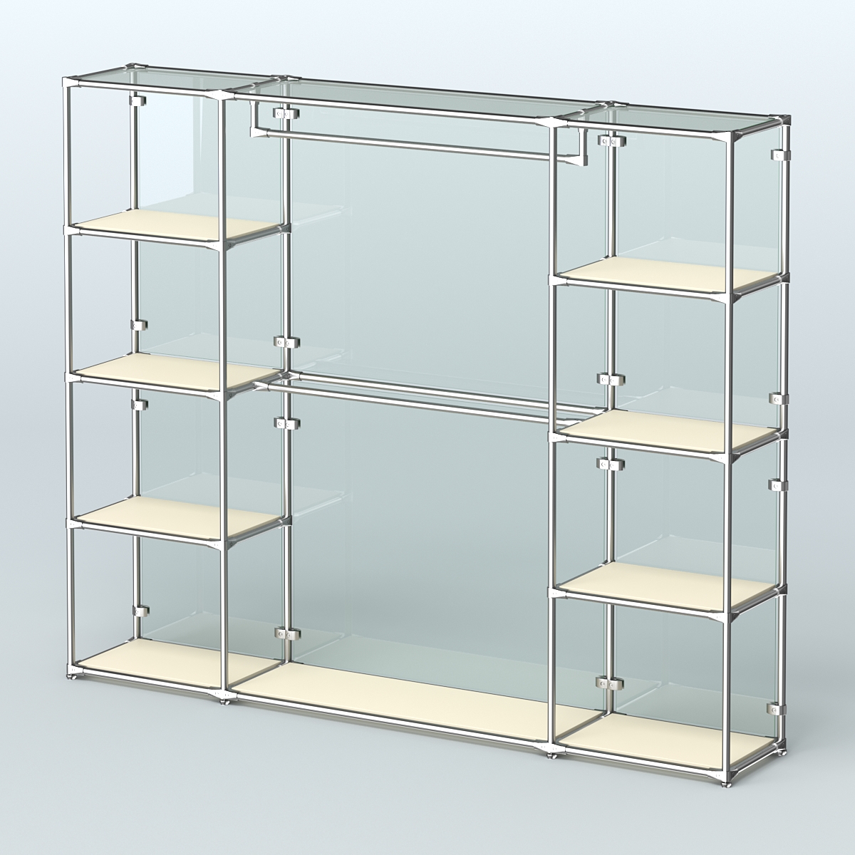 Торговая система ХРОМ (задняя стенка - стекло) 2430 мм с полками ДСП и поручнями №3 Крем Вайс