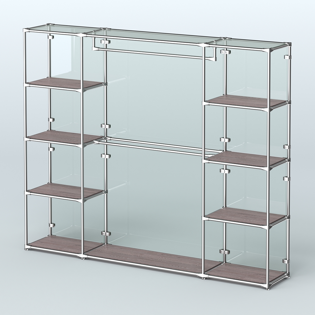 Торговая система ХРОМ (задняя стенка - стекло) 2430 мм с полками ДСП и поручнями №3 Ясень Анкор темный