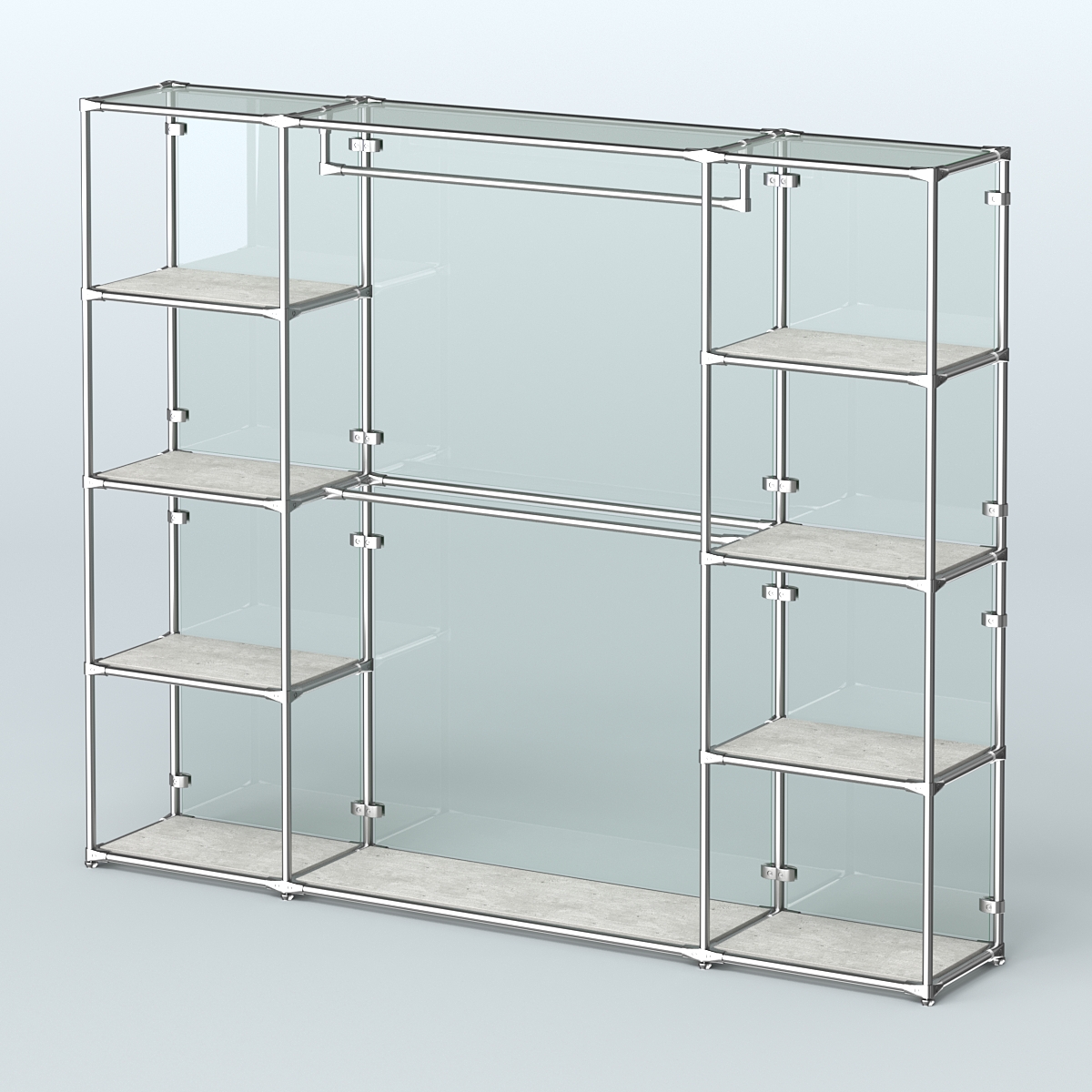 Торговая система ХРОМ (задняя стенка - стекло) 2430 мм с полками ДСП и поручнями №3 Метрополитан Грей