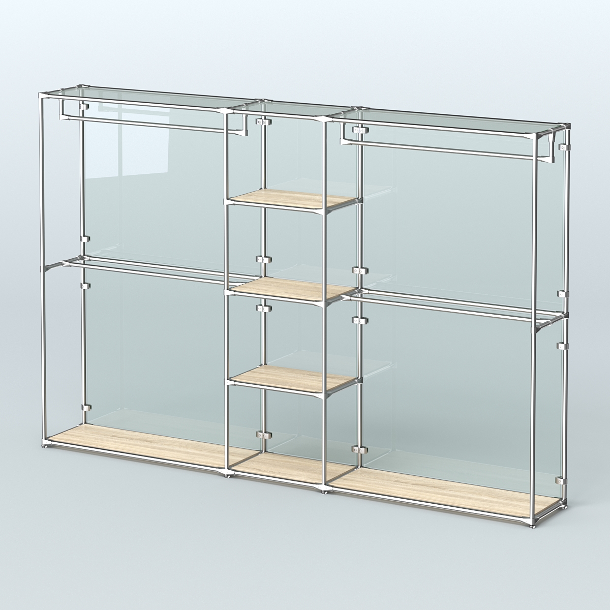 Торговая система ХРОМ (задняя стенка - стекло) 3030 мм с полками ДСП и поручнями №4 Дуб Сонома