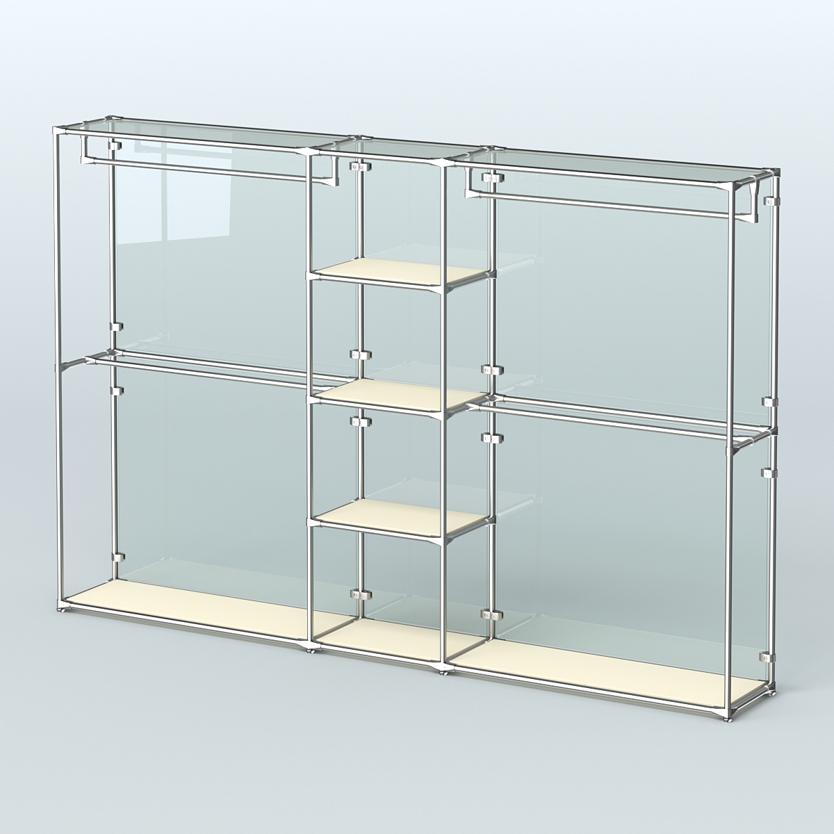 Торговая система ХРОМ (задняя стенка - стекло) 3030 мм с полками ДСП и поручнями №4 Крем Вайс