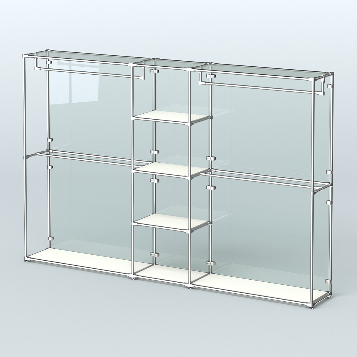 Торговая система ХРОМ (задняя стенка - стекло) 3030 мм с полками ДСП и поручнями №4 Белый