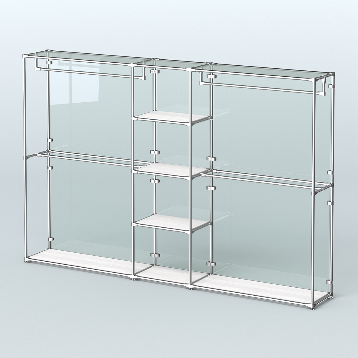 Торговая система ХРОМ (задняя стенка - стекло) 3030 мм с полками ДСП и поручнями №4 Ясень Анкор светлый