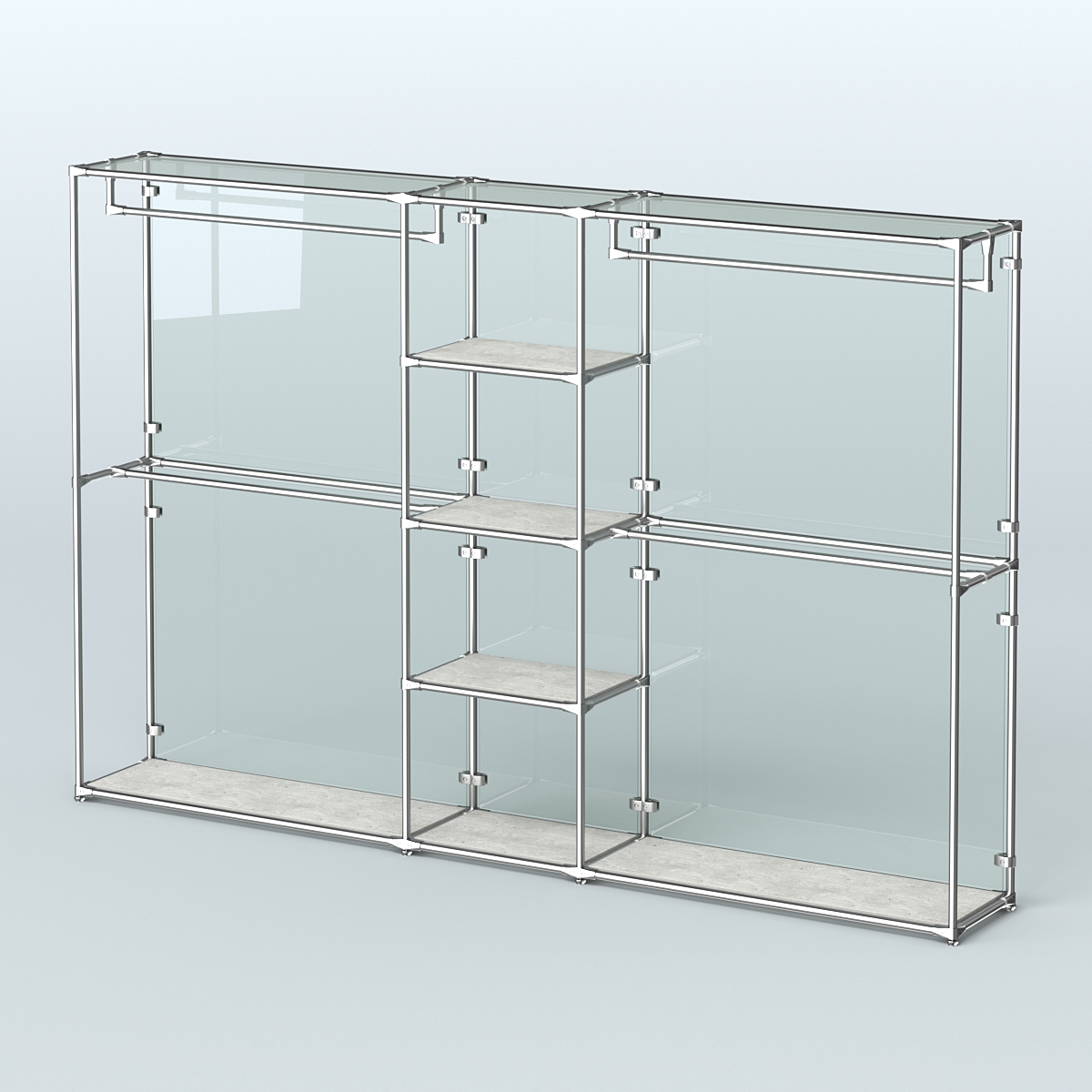 Торговая система ХРОМ (задняя стенка - стекло) 3030 мм с полками ДСП и поручнями №4 Метрополитан Грей