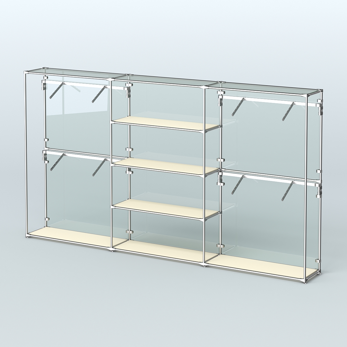 Торговая система ХРОМ (задняя стенка - стекло) 3600 мм с полками ДСП и поручнями №5 Крем Вайс