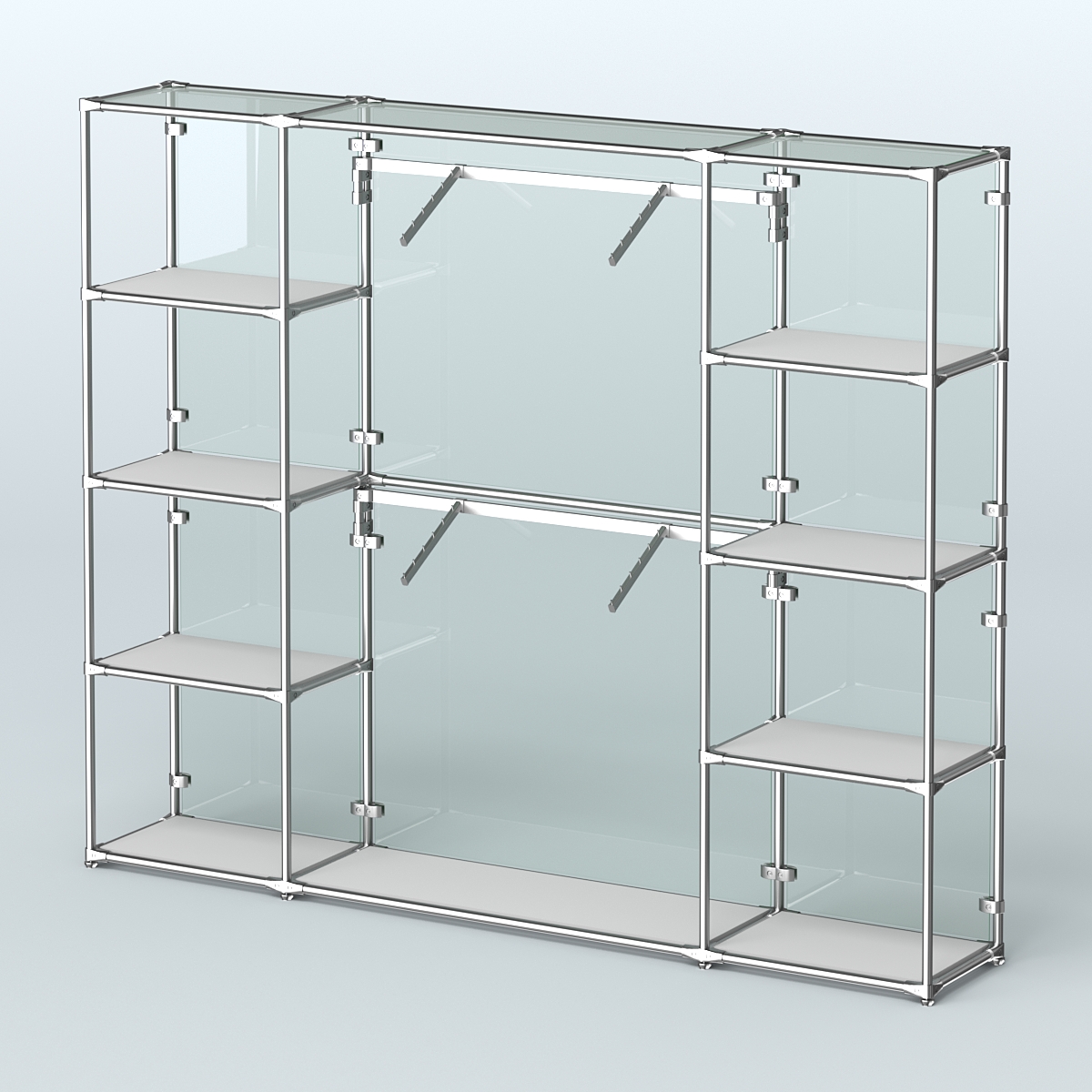 Торговая система ХРОМ (задняя стенка - стекло) 2430 мм с полками ДСП и поручнями №7 Серый