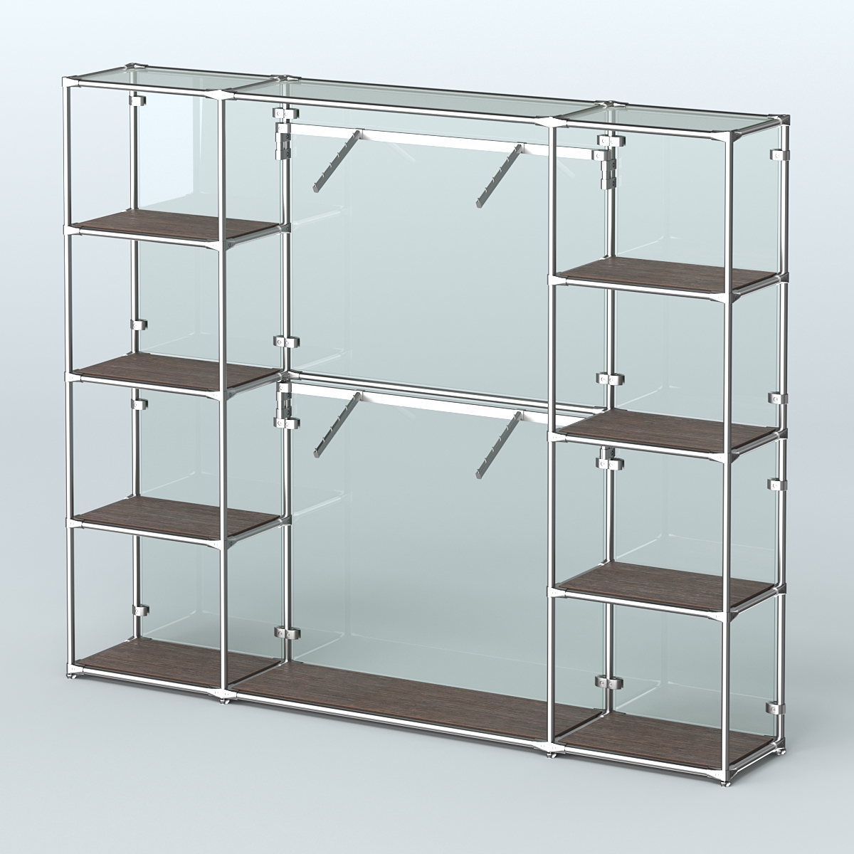 Торговая система ХРОМ (задняя стенка - стекло) 2430 мм с полками ДСП и поручнями №7 Дуб Венге