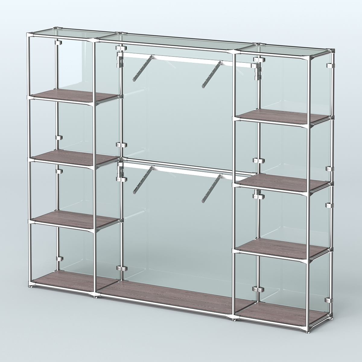 Торговая система ХРОМ (задняя стенка - стекло) 2430 мм с полками ДСП и поручнями №7 Ясень Анкор темный