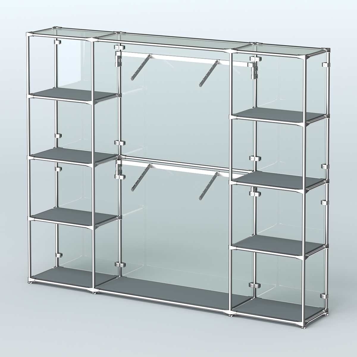 Торговая система ХРОМ (задняя стенка - стекло) 2430 мм с полками ДСП и поручнями №7 Темно-Серый
