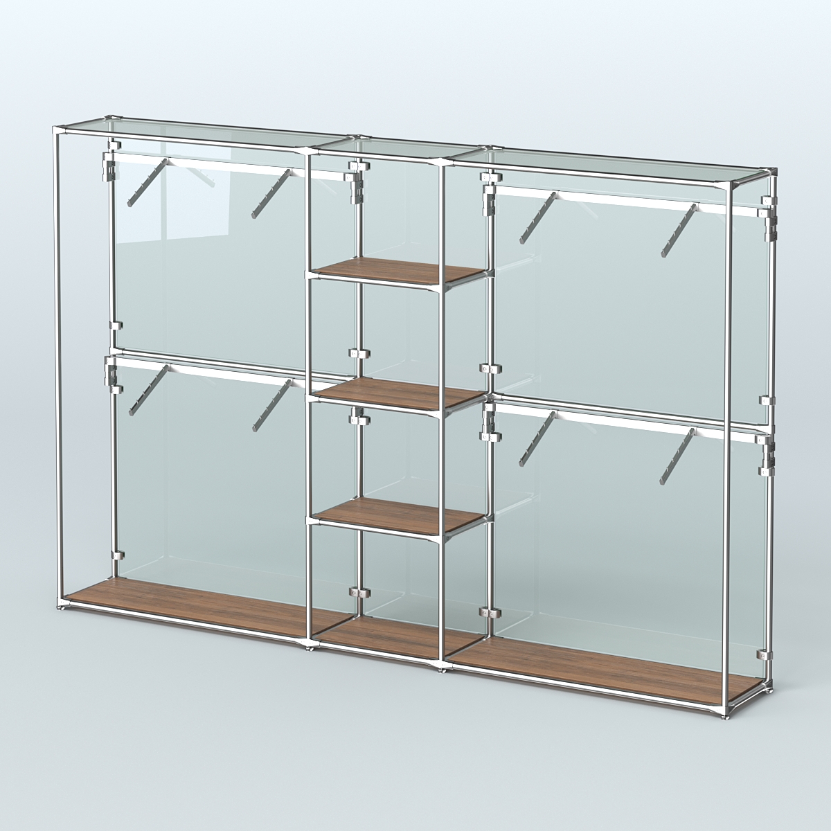 Торговая система ХРОМ (задняя стенка - стекло) 3030 мм с полками ДСП и поручнями №8 Орех