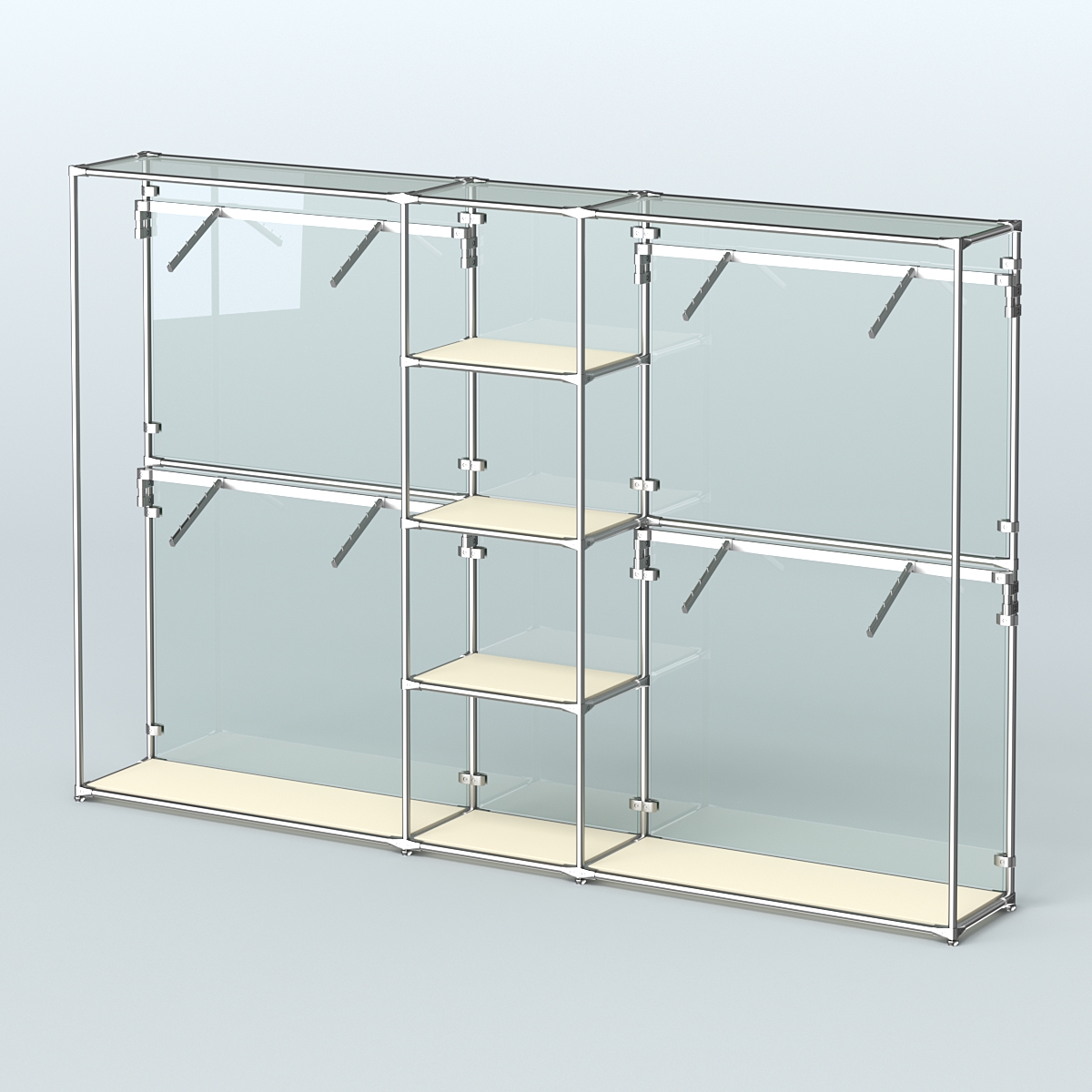 Торговая система ХРОМ (задняя стенка - стекло) 3030 мм с полками ДСП и поручнями №8 Крем Вайс