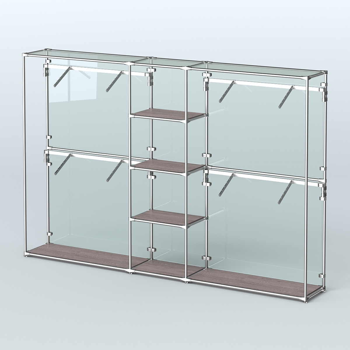 Торговая система ХРОМ (задняя стенка - стекло) 3030 мм с полками ДСП и поручнями №8 Ясень Анкор темный